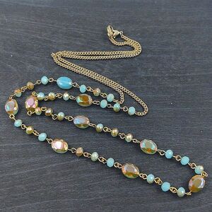 Long Blue & Brown Aurora Borealis Glass Bead Necklace - Goldtone Chai…
